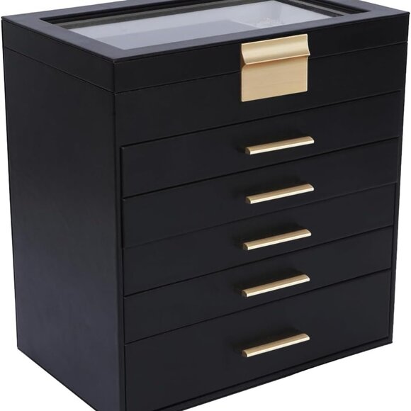 Jewelry Box for Women, Black 6 Layer Large Jewelry Organizer with Glass Lid for - Picture 1 of 7